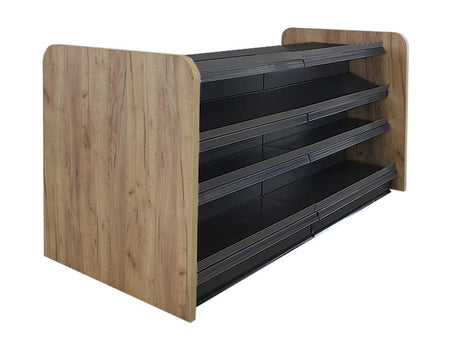 Kiosktheke in schwarz mit 4 Böden und Holzseitenwand in Eichebraun 2 Meter