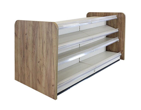Kiosktheke in weiss mit 4 Böden und Holzseitenwand Eichebraun 2 Meter 