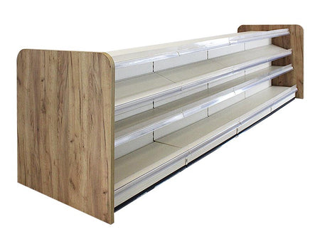 Kiosktheke in weiss mit 4 Böden und Holzseitenwand Eichebraun 4 Meter 