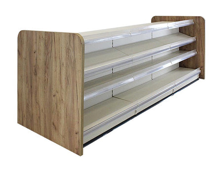 Kiosktheke in weiss mit 4 Böden und Holzseitenwand Eichenbraun 3 Meter 