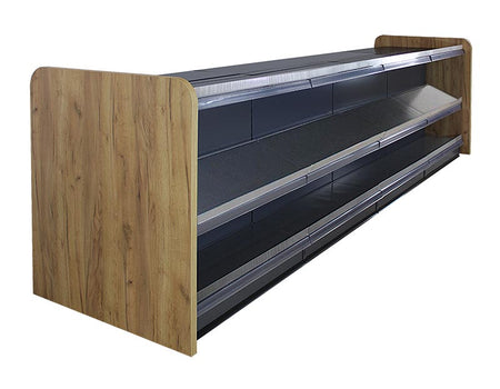 Ladentheke Anthrazit mit 3 Böden und Holzseitenwand Eichebraun 4 Meter 