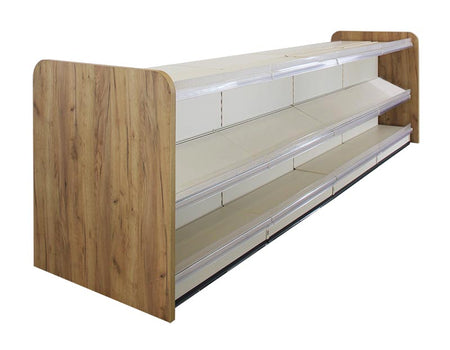 Ladentheke in Weiss mit 3 Boeden und Holzseitenwand Eichebraun 4 Meter