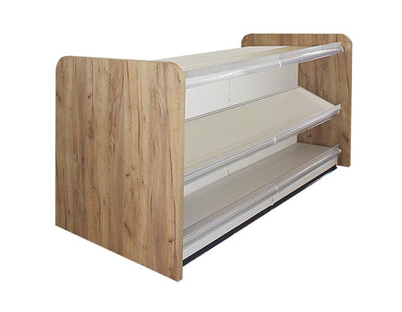 Ladentheke in weiss mit 3 Böden und Holzseitenwand Eichebraun 2 Meter 
