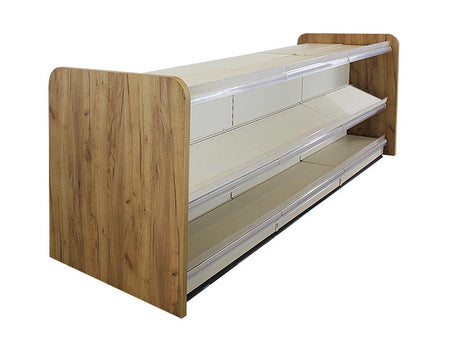 Ladentheke in weiss mit 3 Böden und Holzseitenwand Eichebraun 3 Meter 
