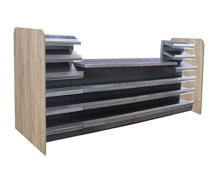 Verkaufstheke in Anthrazit mit Präsentationsfläche und Holzseitenwand Eichebraun 4 Meter 