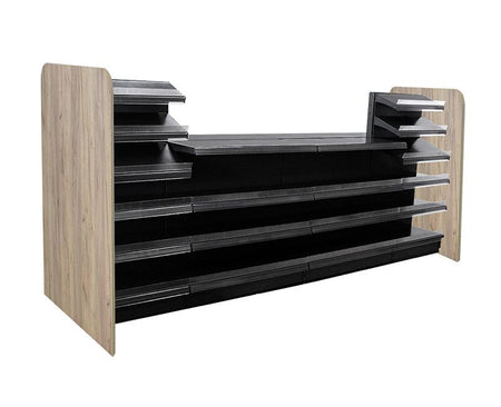 Verkaufstheke in schwarz mit Präsentationsfläche und Holzseitenwand Eichenbraun 4 Meter 