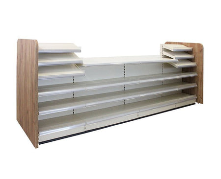 Verkaufstheke in weiss mit Präsentationsfläche und Holzseitenwand Eichebraun 4 Meter  
