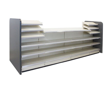 Verkaufstheke in weiss mit Praesentationsflaeche und Holzseitenwand Anthrazit 4 Meter 