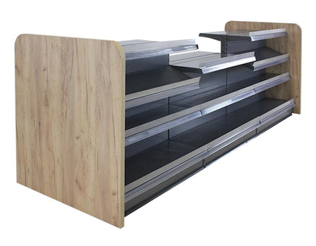 Verkaufstresen Anthrazit mit abgesenktem Boden und Eichbraun Holzseitenwand 4 Meter