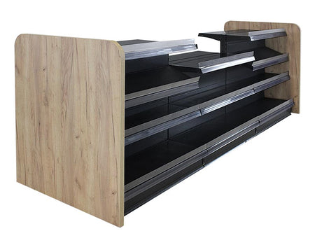 Verkaufstresen Schwarz 3 Meter mit 4 Böden mit abgesenktem Boden und Eichebraun Holzseitenwand