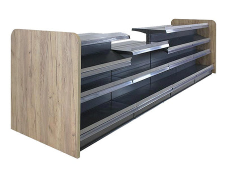 Verkaufstresen in Anthrazit 4 Meter und 4 Böden mit abgesenktem Boden und Eichebraun Holzseitenwand