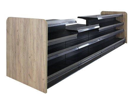 Verkaufstresen in schwarz mit abgesenktem Boden und Holzseitenwand Eichenbraun 5 Meter 