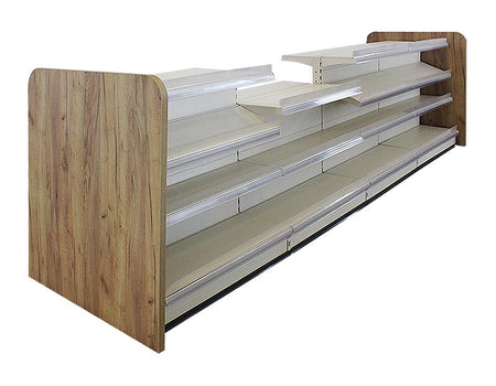 Verkaufstresen in weiss mit abgesenktem Boden und Holzseitenwand Eichebraun 5 Meter 