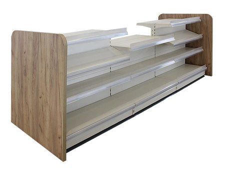 Verkaufstresen in weiss mit abgesenktem Boden und Holzseitenwand Eichenbraun 3 Meter 