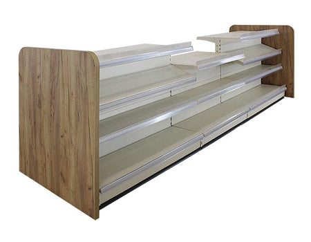 Verkaufstresen in weiss mit abgesenktem Boden und Holzseitenwand Eichenbraun 4 Meter  